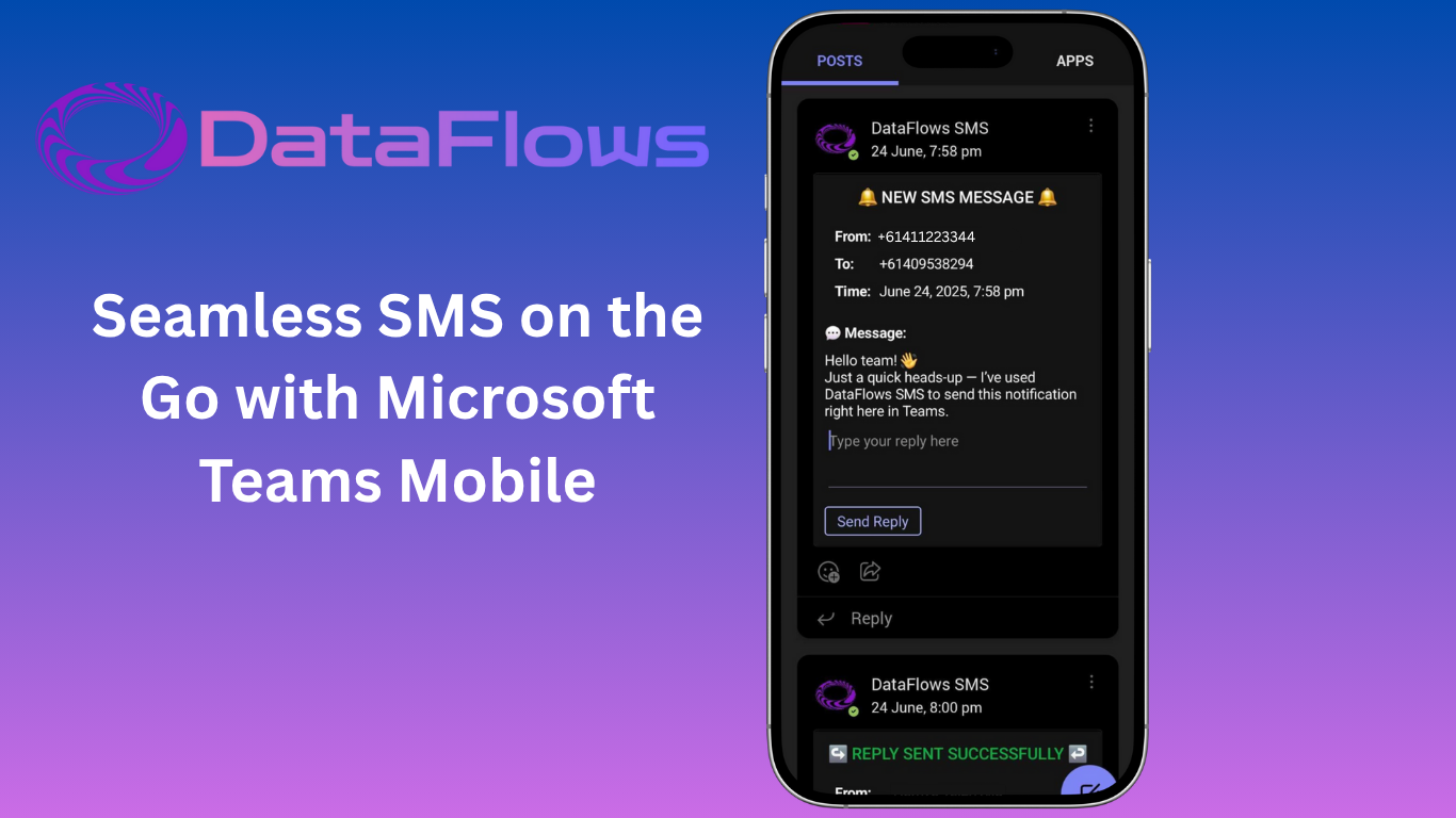 Microsoft Teams mobile app showing DataFlows SMS integration with message notifications and reply interface
